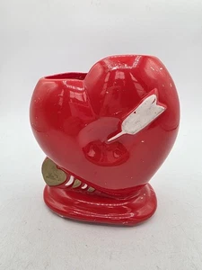 Vintage Relpo Ceramic Valentine's Day Red Heart Planter with Arrow & Gold Heart - Picture 1 of 6