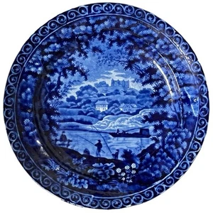 Plato de pesca antiguo de Staffordshire histórico azul de la década de 1820 - Imagen 1 de 10