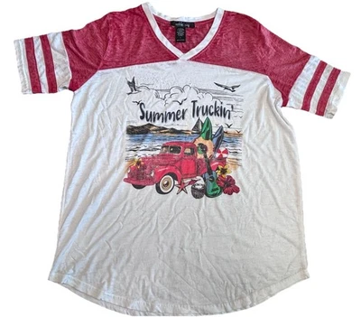 Camiseta Sable Sky Summer Truckin’ para mujer L roja blanca gráfica estilo vintage Foto 1 de 4