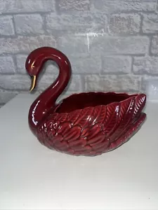 Vintage Retro Red/Burgundy Porcelain Swan Planter/Vase Golden Beak Majolica - Picture 1 of 12