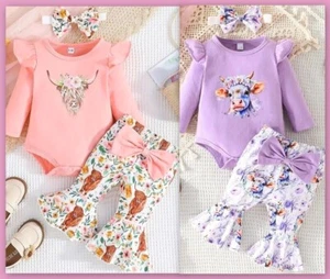 Baby Girls Pants Set Highland Cow 12-18 M Purple or Peach Floral Flared Leg NEW - Picture 1 of 30