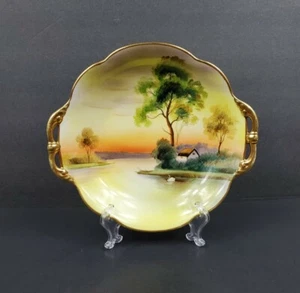 Vintage Nippon Hand Painted Landscape Trees Swan Handled 9 3/4" Porcelain Bowl - Picture 1 of 12