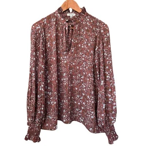 Max Studio rustikale braune Blumen Plissee hochgeschlossen Bluse Top Schlüsselloch gesmokt L - Bild 1 von 8