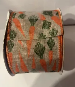2.5” x 4 Yds Wired Edge Ribbon. Carrots On Tan. Easter Spring - Picture 1 of 2