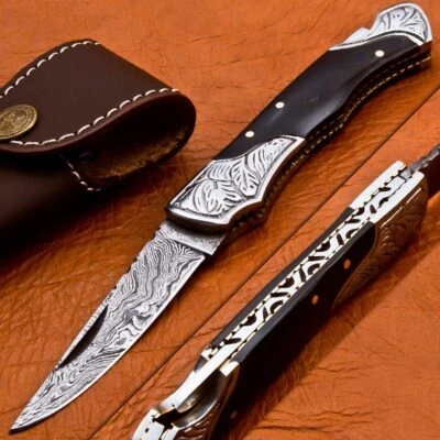 Damascus Back Lock Folding Pocket knife camping Hunting Knife with Pouch 845 - Image 1 of 4