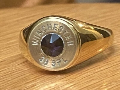 Anillo Winchester 38 especial de latón con carcasa de bala para mujer talla 7 con cristal púrpura Foto 1 de 4
