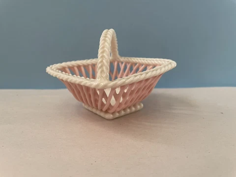 Vintage Porcelain Basket Miniature Basket Pink & White Woven Design circa 1970s Cover