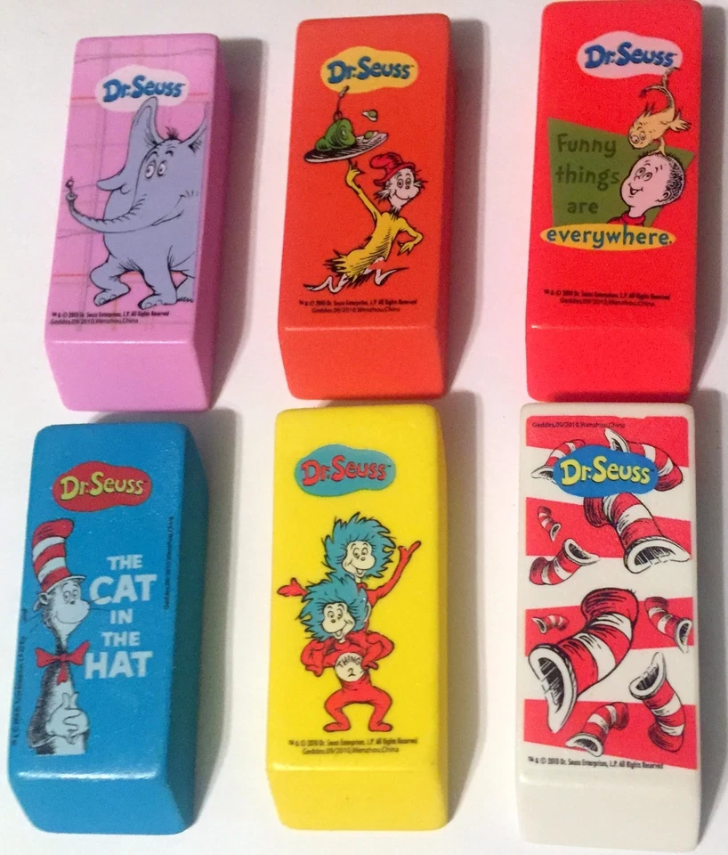 GEDDES NEW! 8 DR. SEUSS BEVELED ERASERS PARTY CAT IN THE HAT GREEN EGGS AND HAM HORTON