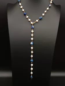 Necklace Women's Scarf Pearl Natural Sodalite Blue Silver 925 Chain Long - Picture 1 of 12