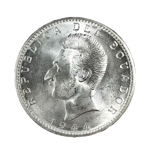 Ecuador 2 Sucres 1944 Mexico City Mint GEM Uncirculated Silver Coin KM #80 C#1 Cover