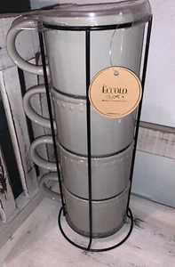 ECCOLO taupe Gray Set Of 4 Coffee Cups With Rack Stand NWT - Picture 1 of 3