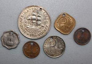 1950-1960 Six South Africa and India World Coins Damaged Holes 6 Piece Lot - Picture 1 of 6