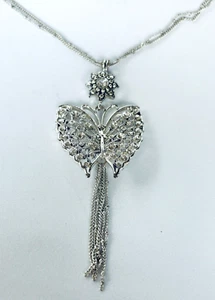 Silver Tone Clear Rhinestone Butterfly Tassel Pendant Necklace - Picture 1 of 4