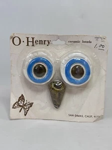 Owl Eyes And Beak O'Henry Vintage Ceramic Beads Crafting 70s Macrame blue NIP - Picture 1 of 5