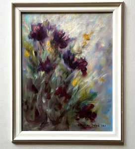Vintage Blumen Ölgemälde auf Leinwand - Eine Ecke eines Gartens signiert Impressionist - Bild 1 von 10