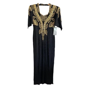 Vestido de seda vintage años 80 Mark and John negro y dorado totalmente con cuentas con cuentas mediano - Imagen 1 de 9