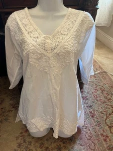 DREAM white cotton embroidered V Neck top Women S - Picture 1 of 4