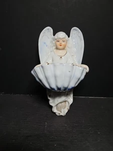 Vintage Porzellan Weihwasser SCHRIFT Engel Figur Wand weiß & blau # 506 40er Jahre - Bild 1 von 4