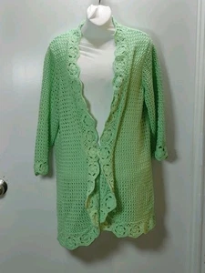 Liz Claiborne Size 1X (16/18) Mermaid Green Crochet Duster Sweater 3/4 Sleeve - Picture 1 of 8