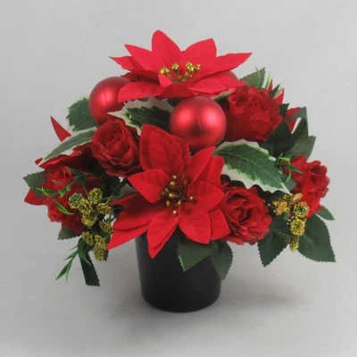 JUST BECAUSE FLOWERS Christmas grave flower arrangement - red poinsettias, baubles 25cm