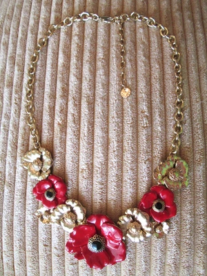 Collar Talbots llamativo tono dorado y esmalte rojo flor amapola floral 18" Foto 1 de 4