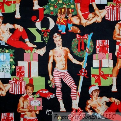 BonEful Fabric FQ Cotton Quilt Xmas Tree Gay Pride Sexy Boy Pin Up Santa PJ Ski - Image 1 of 4