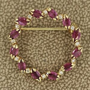 Ruby Diamond  Wreath Pin-Brooch 1.50CTW in 14K Yellow Gold