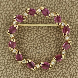 Ruby Diamond Wreath Pin-Brooch 1.50CTW in 14K Yellow Gold - Picture 1 of 4