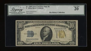 DBR 1934-A $10 North Africa Silver FP 86 Fr. 2309 Legacy VF-20 Serial A96095939A - Picture 1 of 2