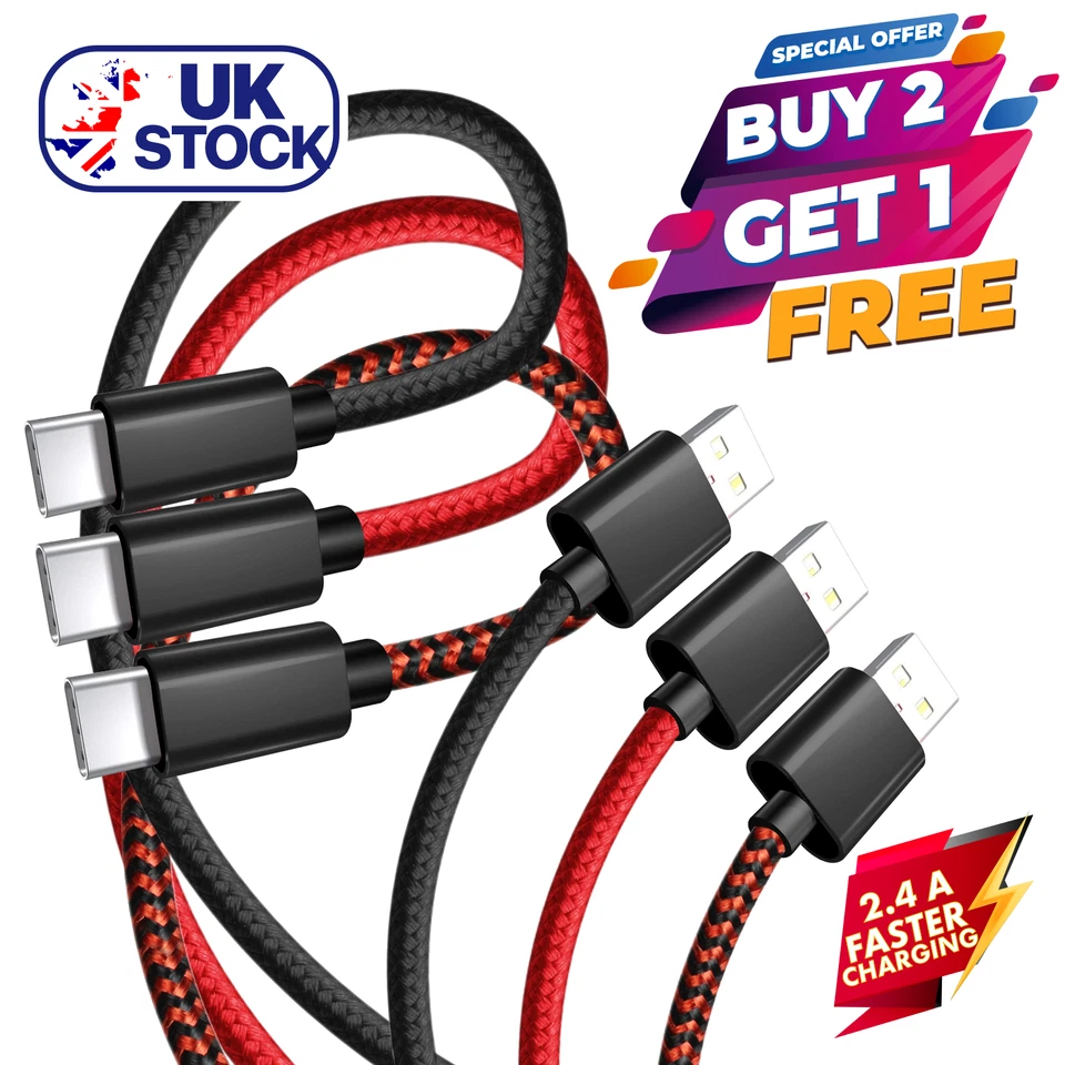 Braided Cable for Samsung Galaxy S10, S9, S8, Fast Charger Type C USB 1m 2m 3m - Image 1 of 1