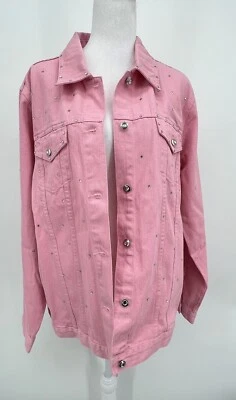 Quacker Factory Womens Denim Jacket Size L Pink Button Up Rhinestone Bling Y2K - Image 1 of 4