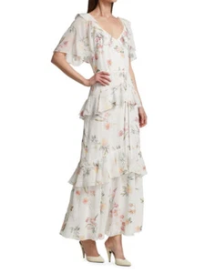 THEIA Floral Embroidered Chiffon Dress, V-neck, Short Sleeves, Size 6, $745 NWT - Picture 1 of 7