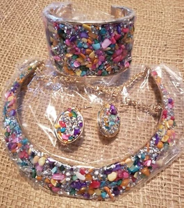 Multicoloured Necklace, Bangle & Earrings Goldtone Colorful Jewelry Set - Picture 1 of 6