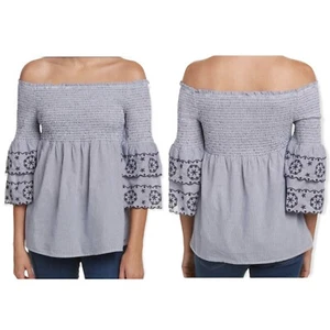 BeachLunchLounge Bluse Schulterfrei Seersucker Gestreift Ösen Damen Small S - Bild 1 von 7