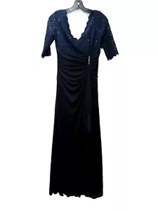 Betsy & Adam Long V-Neck Lace & Sheer Matte Jersey Gown Size 4 Navy Blue A23757 - Picture 1 of 6