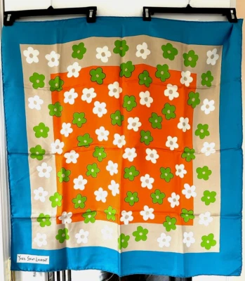 YSL YVES SAINT LAURENT VINTAGE 100% SILK MADE FRANCE SIGNED SCARF ORANGE FLOWERS - Image 1 of 4