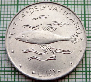 VATICAN City PAVLVS PAUL VI 1973 10 LIRE, FISH, ALUMINIUM UNC km# 119 - Picture 1 of 6