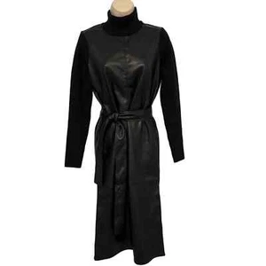 Ann Taylor Black Faux Leather Body& Belt Knit Arms & Turtleneck Midi Dress XS - Picture 1 of 10