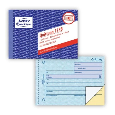 1 - 8 Stk - AVERY Zweckform Quittung 1735 selbstdurchschreibender Quittungsblock - Bild 1 von 2