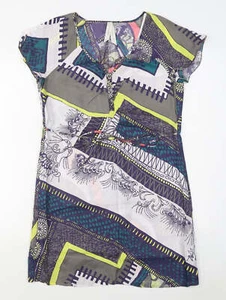 Summum Damen mehrfarbig geometrisches Polyesterhemd Kleid Größe 6 V-Ausschnitt Knopf - Bild 1 von 12
