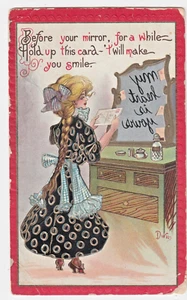 Reverse Mirror Message~Woman in Black Dress~Ser. 30 A/S Dwig Vintage Postcard - Picture 1 of 2