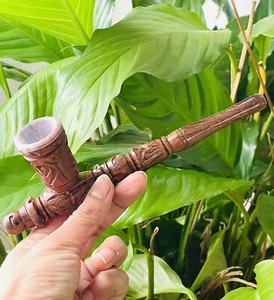 Handgeschnitzte Holz Tabakpfeife, Steinschale - langer Stiel glatt & funktionsfähig - Bild 1 von 3