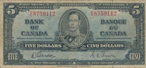 CANADA 5 DOLLARS 1937 BC-23b GORDON-TOWERS - LOT OF 10 NOTES - AVERAGE GRADE VG - Picture 1 of 13