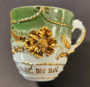 Vtg German China Cup Forget Me Not 2.5" x 3.25" Guilded Green White - Picture 1 of 9