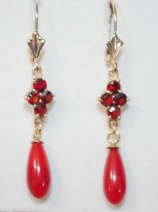 HANDMADE 14K 10MM RED CORAL & GARNET SEED LEVER BACK ELONGATED EARRINGS SS - Picture 1 of 12