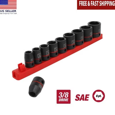3/8" Drive 11-Piece Standard Impact Socket Set Color Coded SAE Cr-V Steel Rail - Image 1 of 4