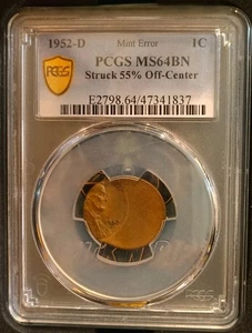 1952-D Lincoln Wheat Cent U.S. Mint Error Struck 55% Off Center PCGS MS64BN Coin - Picture 1 of 5