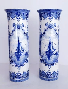 Antique DELFT BLUE & WHITE PAIR OF CYLINDER VASES 12.2 INCHES - Picture 1 of 5