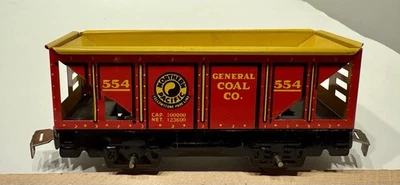 Marx 554 Hopper / Red Ext. /  Yellow Int. - 4 Wheel / Twisted Tab & Slot Cplrs. - Image 1 of 4