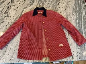 Vintage Ralph Lauren Red White Striped Denim Chore Jacket Navy Collar Large L - Picture 1 of 11